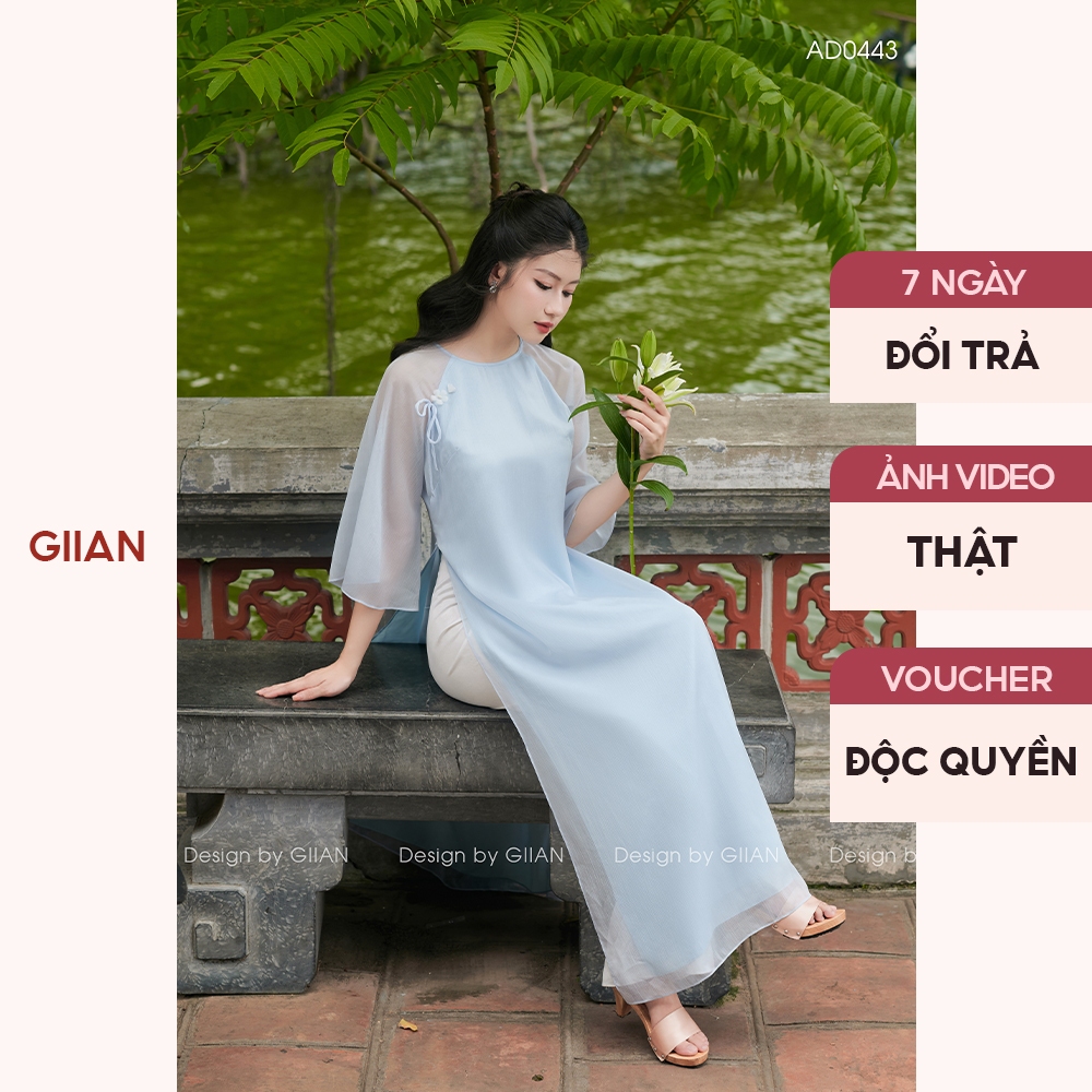 Áo dài cách tân nữ Giian thiết kế suông 4 tà tay loe cổ tròn đính nơ hoa vải tơ óng mềm mùa thu đông - AD0443