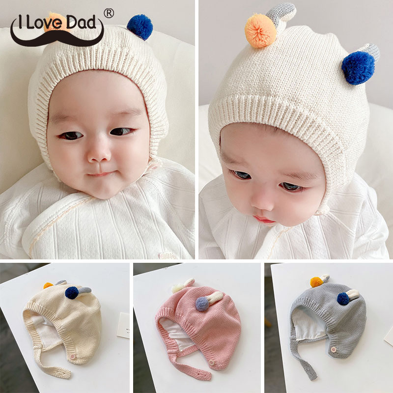 Cute Ears Baby Hat With Pom Pom Solid Color Newborn Infant Warm Knitted