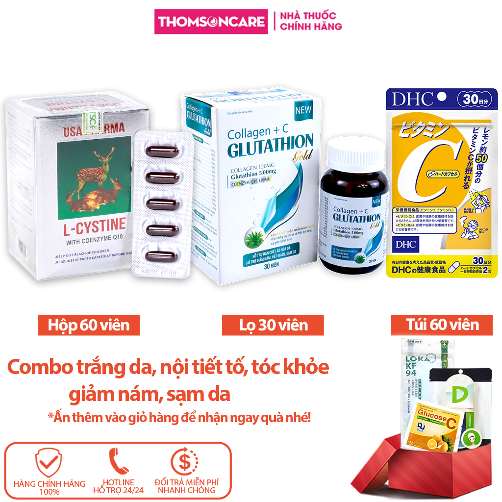 Combo trắng da chuyên sâu, nội tiết tố Lcystine 60v, DHC Vitamin C 60v, Glutathion 30v - l crystine 