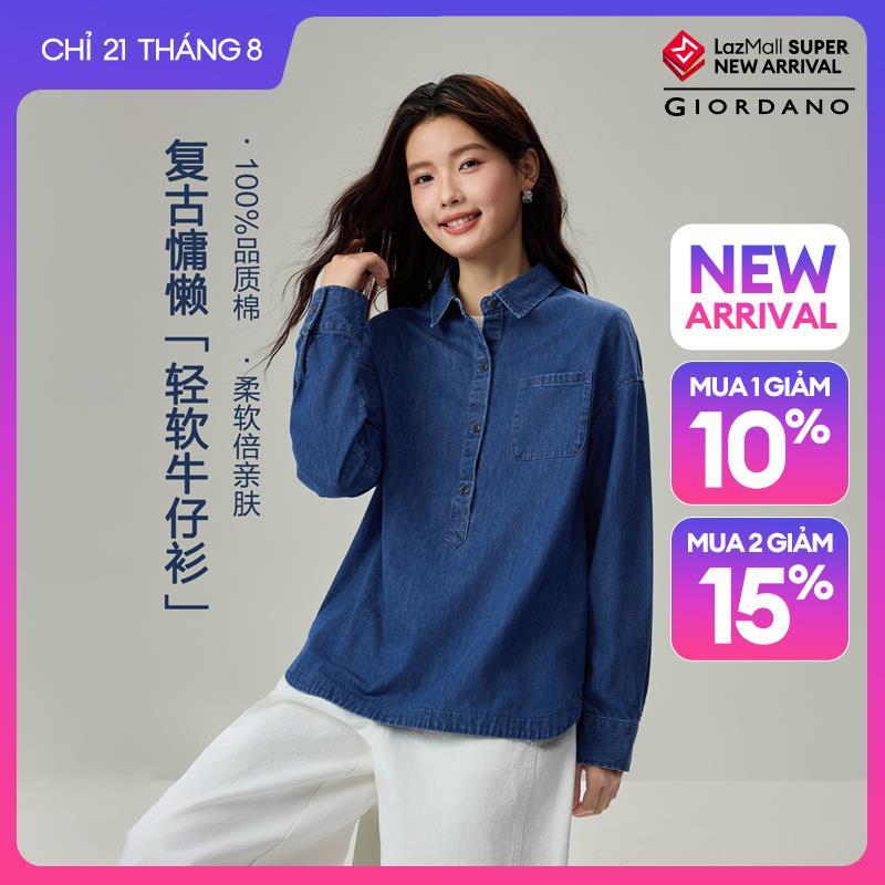 GIORDANO Women Shirts 100% Cotton Half Button Placket Denim Shirts Long Sleeve Fashionable Casual Loose Denim Shirts 13346607