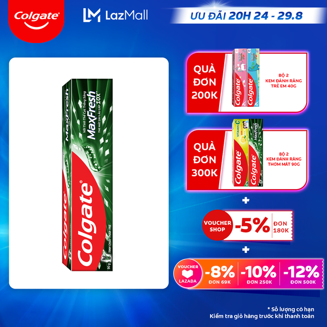 [Ưu đãi 20H 24.8 - 29.8_Áp voucher Colgate 5% + voucher LZD 8%]Kem đánh răng Colgate Maxfresh Bamboo Charcoal the mát dài lâu với tinh chất than tre làm trắng răng 90g