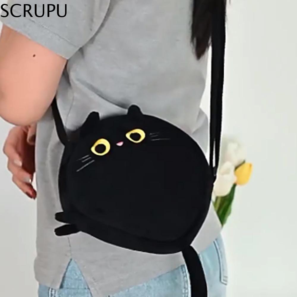 SCRUPU Búp bê hoạt hình Túi Đeo Vai Mèo vải nhung lông Một bên vai Nhồi bông Túi vải nhung lông hình mèo dễ thương Ba lô Mềm Túi đeo chéo vải nhung lông hình mèo màu đen Quà sinh nhật