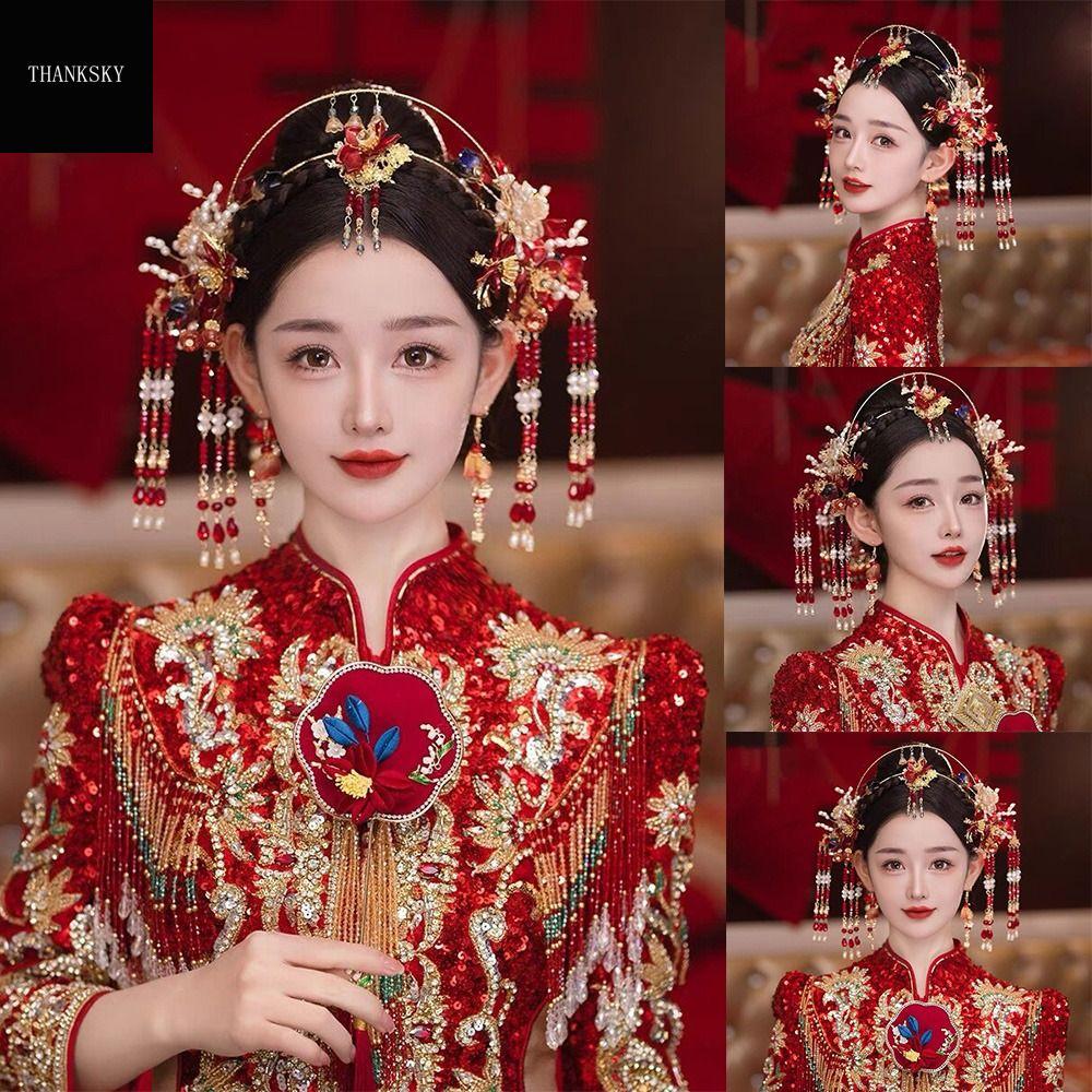 THANKSKY สไตล์จีนจีน เจ้าสาว tiaras หรูหราสุดหรู พู่ห้อยคอ ที่คาดผมแต่งงาน โบราณโบราณ อัญมณีสำหรับผู้หญิง ผ้าโพกศีรษะเจ้าสาว อุปกรณ์เสริมผม ราคา 254 บาท*ส่งฟรี
