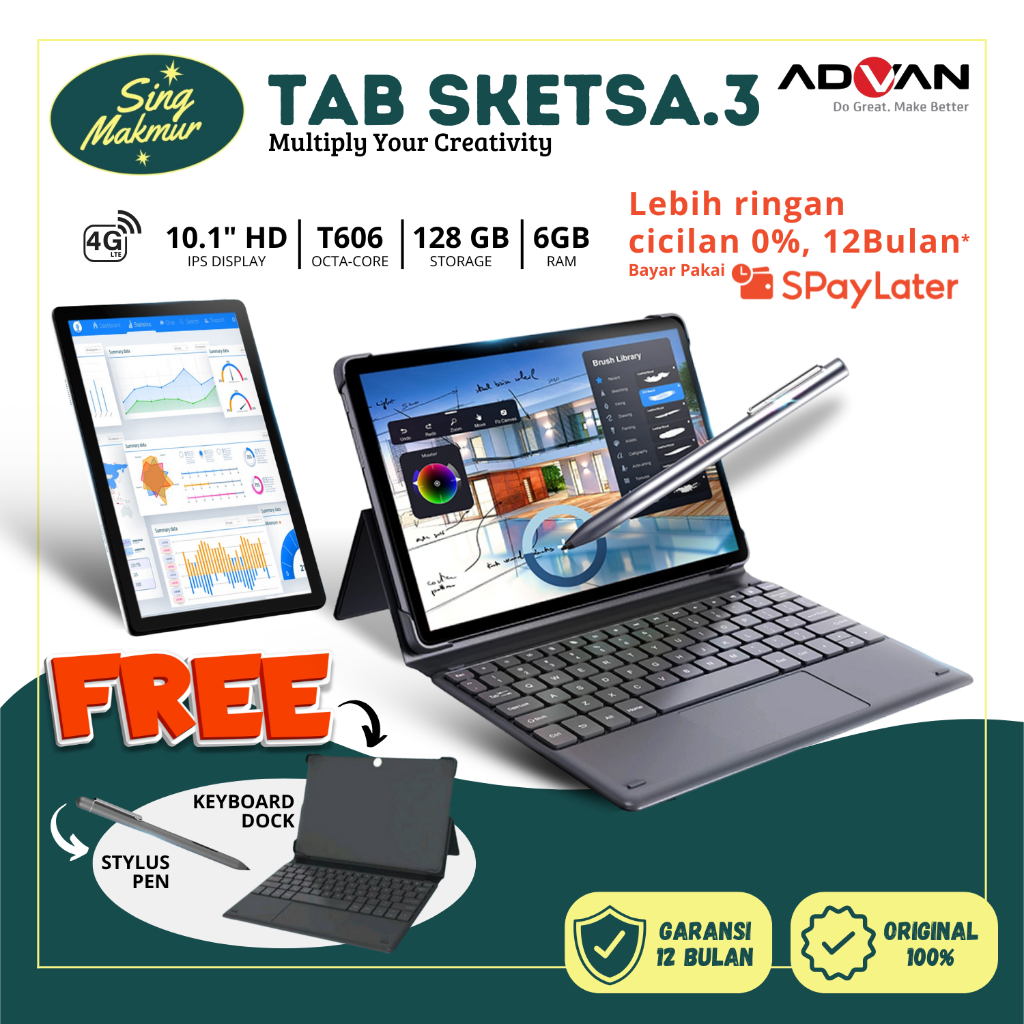 Advan Tab Sketsa 3 6GB / 128GB 10" 4G LTE Android 13 Garansi Resmi Harga  4,999,000 Ringgit*Penghantaran Percuma