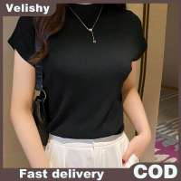 Velishy Hàn Quốc thời trang rắn màu nửa cao cổ bay tay áo giản dị dệt kim vest cho phụ nữ