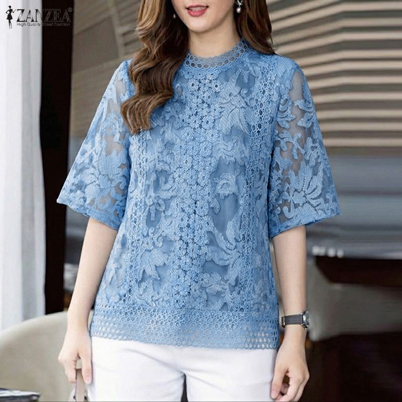 (3 Days Delivery) ZANZEA Korean Style Women Fashion Plain Hollow Out Crew Neck Blouse Half Sleeve Lace Crochet Work Tops Shirt #F ราคา 237 บาท*ส่งฟรี