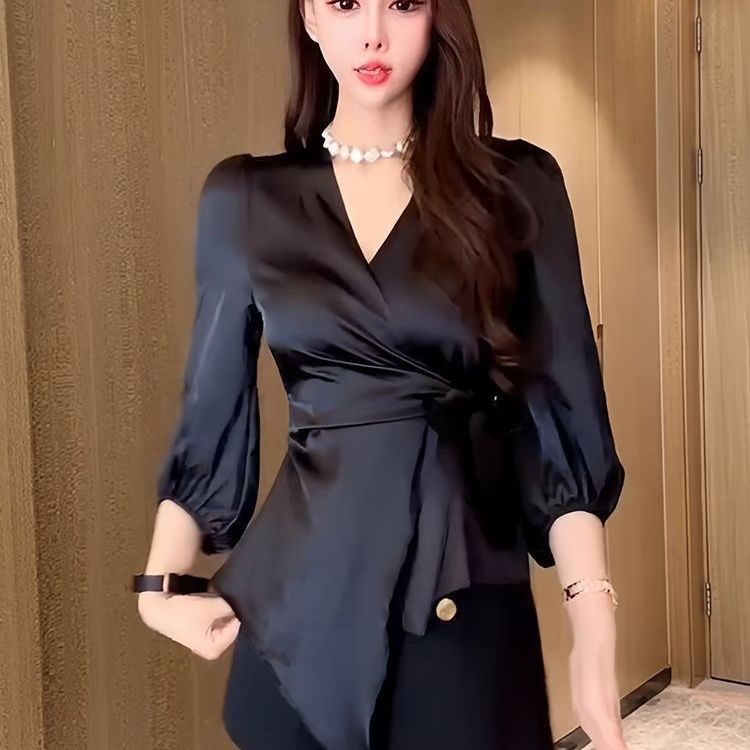 Luxqlo Áo kiểu màu đỏ nữ 3/4 Tay áo cổ chữ V Áo sơ mi thời trang mỏng gợi cảm phong cách Hàn Quốc mớ