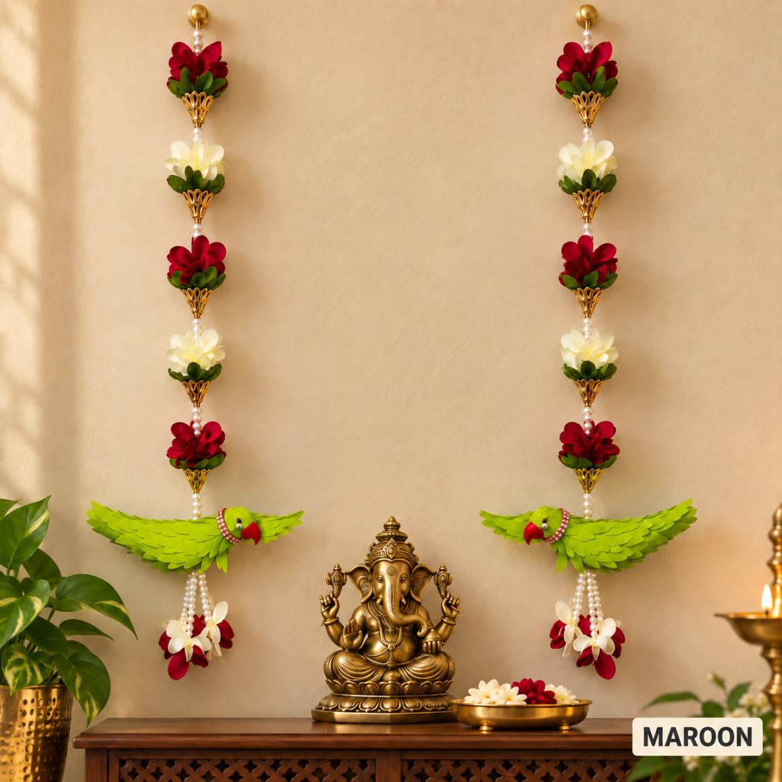 Parrot Thoranam Door Hanging 2pcs – SPL Flowers Pearl Beads & Gold-Tone Details for Pooja Room Home Entrance & Deepavali Decor