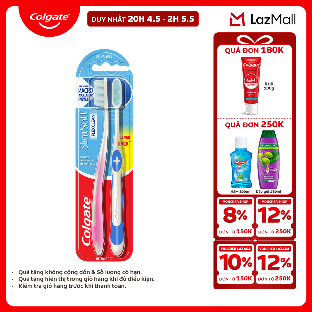 [Chỉ 25-29.4_X2 Voucher giảm 20%] Bàn chải Colgate Slimsoft Flex Clean nguyên khối siêu mềm mảnh, sạch sáng bóng