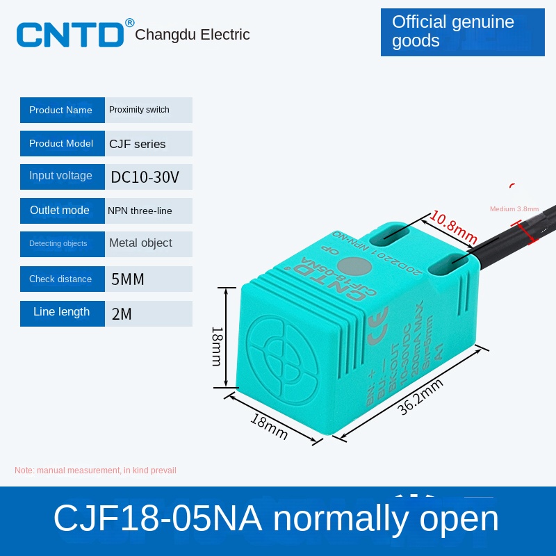 Cảm Biến Tiệm Cận CJF18-05NA CNTD | Tùy Chọn CJF18-05NA/NB/PA/PB/LA - NPN/PNP, 3 Dây DC, Phát Hiện Kim Loại 5-15mm Cho Tự Động Hóa