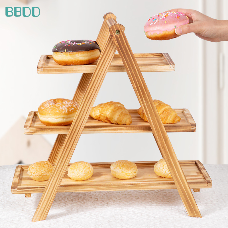 Hộ gia đình hàng ngày gỗ đặc ba lớp hình chữ nhật khay ăn kệ, gỗ có thể tháo rời bánh trái cây khay tráng miệng triển lãm