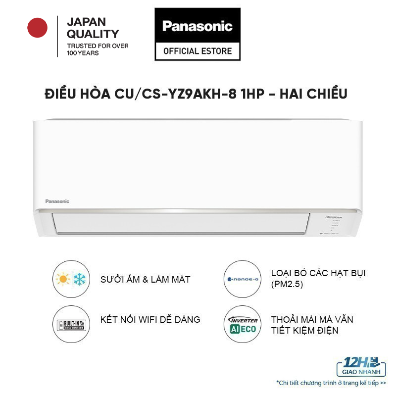 [CHỈ GIAO MIỀN BẮC] [Độc quyền Online]Điều hòa Panasonic Inverter CU/CS-YZ9AKH-8 - 1HP - Hai chiều - Eco AI - Lọc không khí bụi mịn tới 99%