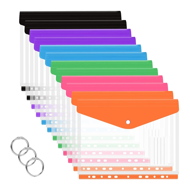 (TGZF) 12 Pcs A4 Binder Pocket Expandable Envelopes Clear Plastic Envelopes for Ring Binder Folder, Snap Button