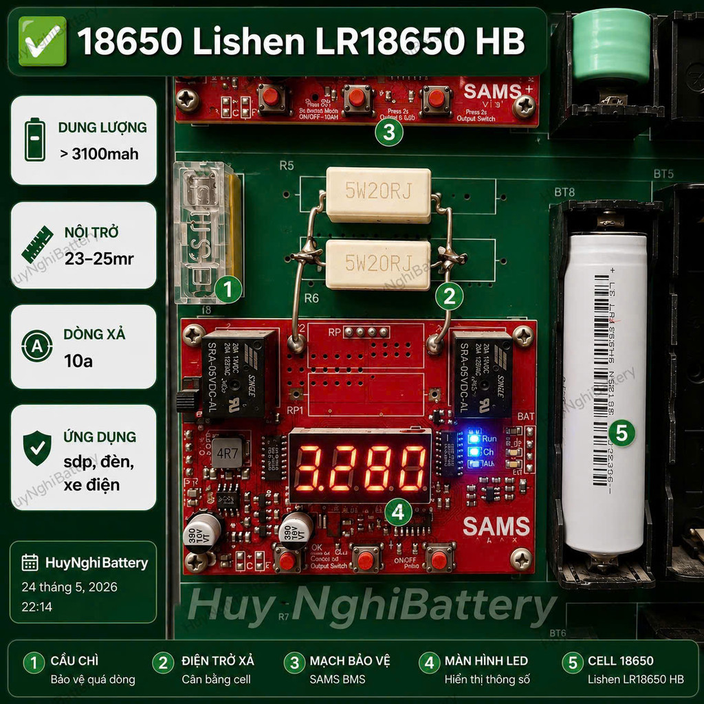 18650 Lishen LR1865HB Tháo Khối: Dung lượng >3100mah, Nội trở: 23-25mr, Xả max10a