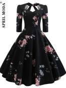 Black Floral Vintage Hepburn Dress for Party - Brand Optional