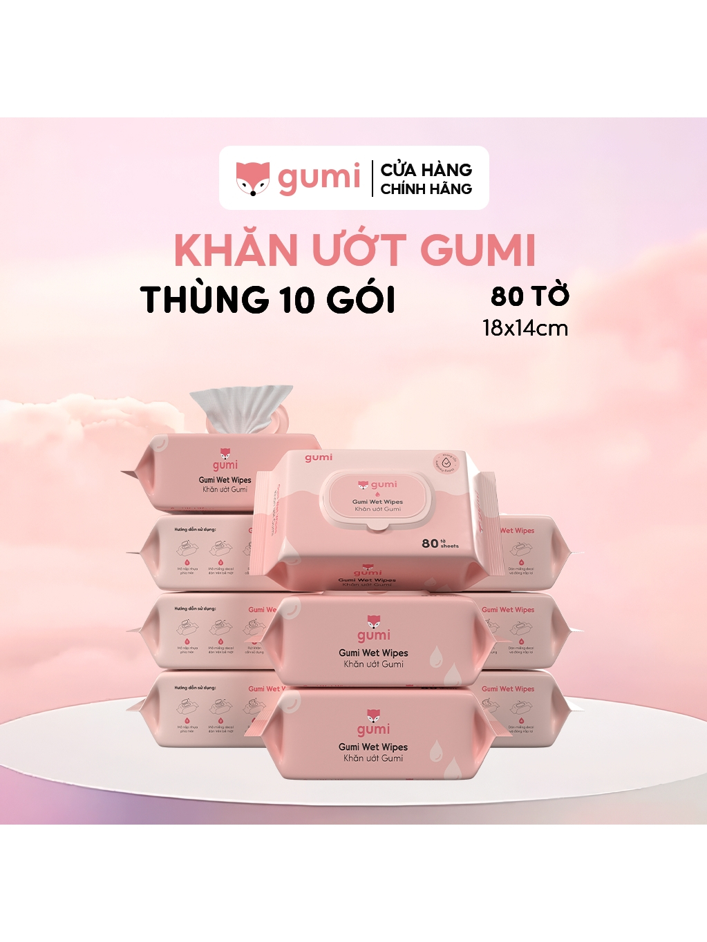 10 gói khăn uớt 80 tơ` Gumi không cồn không parabens cao cấp dành cho em bé