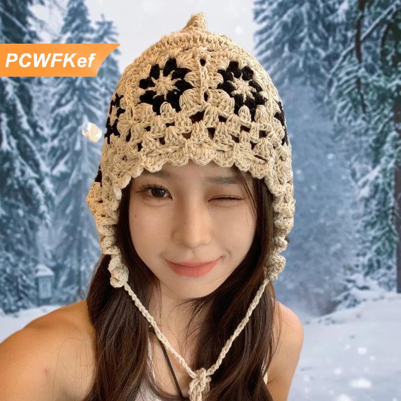 【PCWFKef】 หมวกถักฤดูใบไม้ร่วงและฤดูหนาวระบายอากาศได้ดีหมวกเบเร่ต์ลายดอกไม้แฟชั่นลำลองทรงกะโหลกหมวกบีนนี่สำหรับผู้หญิง ราคา 189 บาท*ส่งฟรี