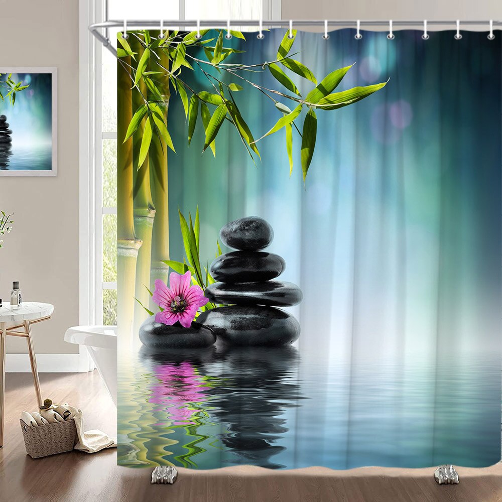 Lotus Buddha Bamboo Waterproof SPA Fabric Zen Shower Curtain Set