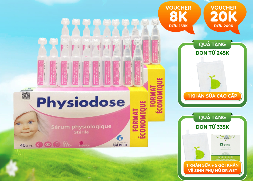 Nước Muối Sinh Lý PHYSIODOSE Vệ Sinh Mắt Mũi Miệng Hàng Ngày Cho Bé ( Hộp 40 ống x 5ml )