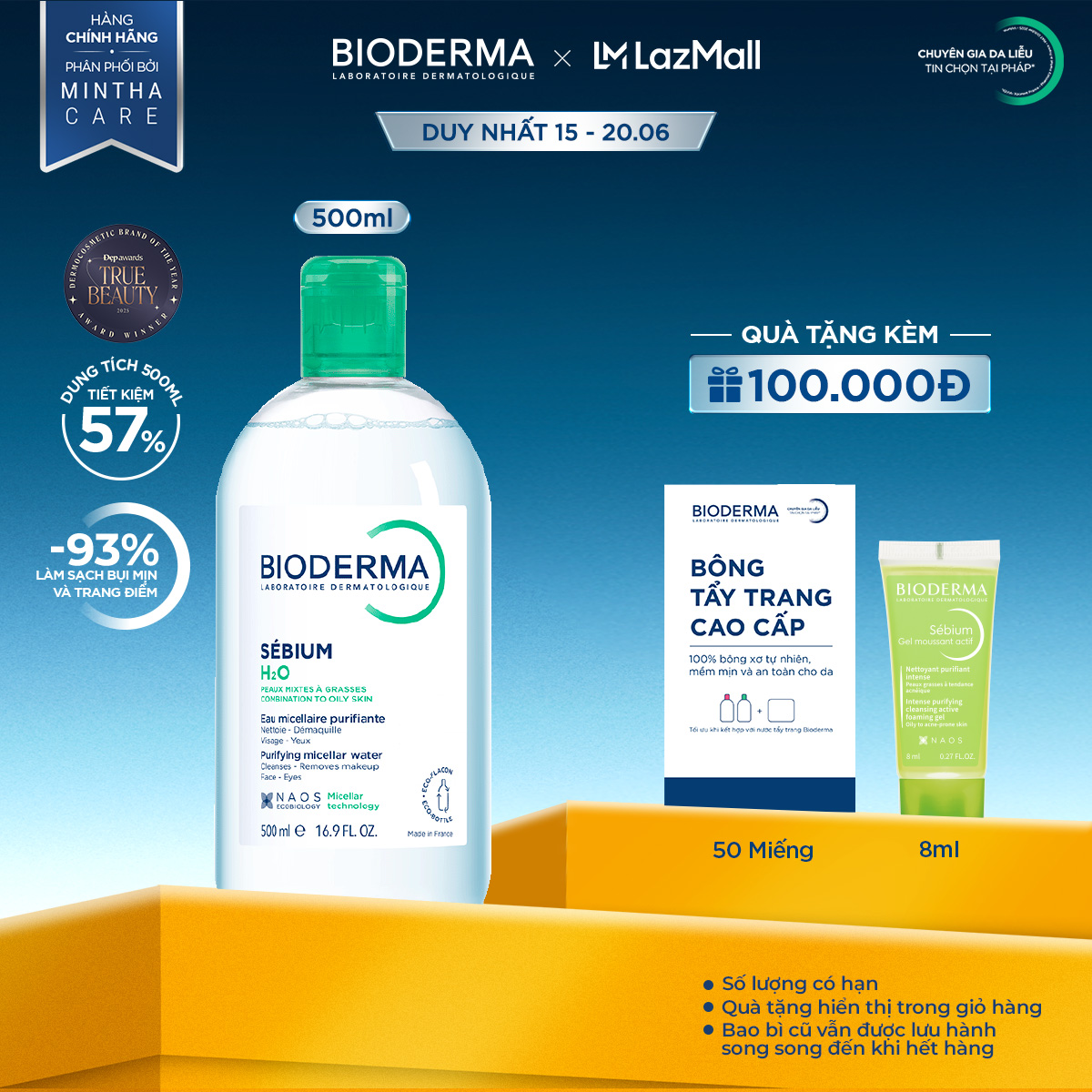 Dung dịch làm sạch và tẩy trang micellar cho da hỗn hợp, da dầu và da mụn Bioderma Sebium H2O - 500ml