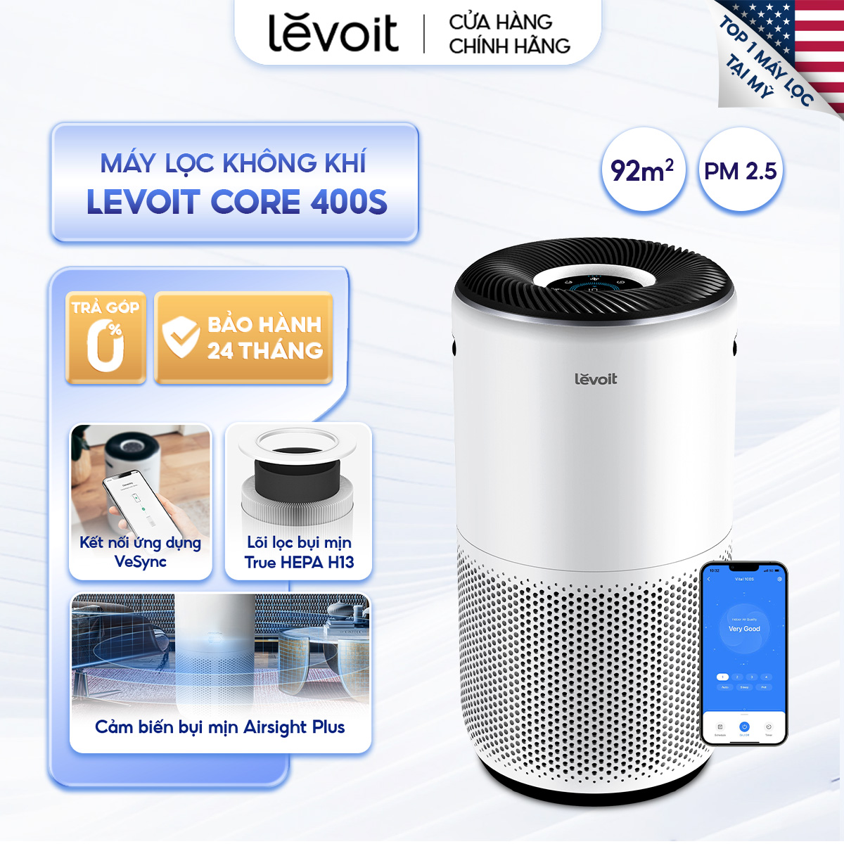 Máy Lọc Không Khí Levoit Core 400S 92m2 | Lõi HEPA 3 lớp lọc bụi mịn - Đèn cảm biến chất lượng không khí - Hẹn giờ