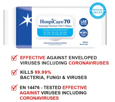 HospiCare 70 Resealable Alcohol Wipes 100 Sheets x 2 Packets