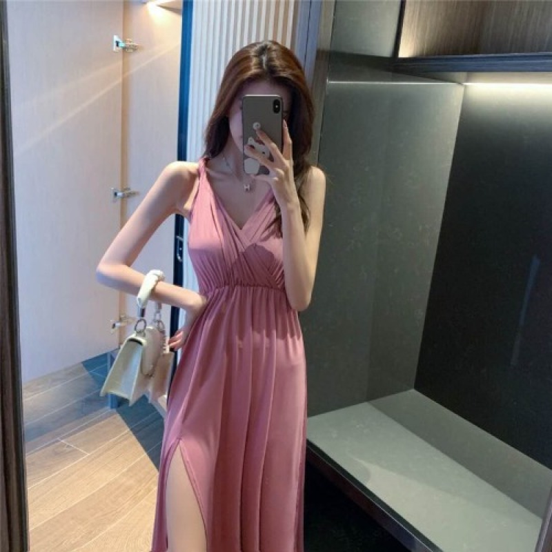 2020 Mùa Hè Mẫu Mới Phiên Bản Hàn Quốc Khí Chất Ôm Body Tôn Dáng Không Tay Quần Áo Nữ Sâu Cổ Chữ V Bó Eo Kiểu Lửng Váy Liền