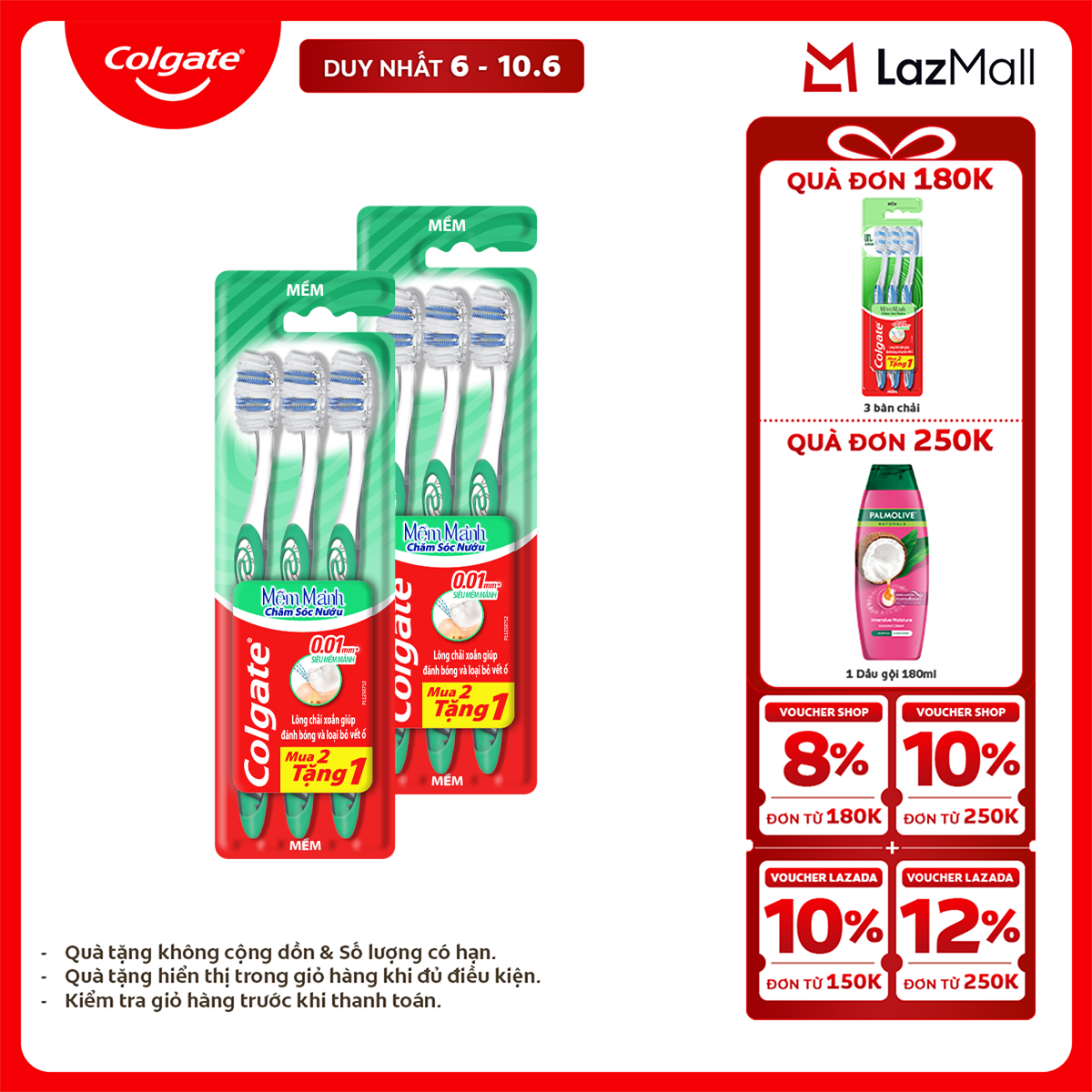 [Chỉ 6-10.6_X2 Voucher giảm 22%] Bộ 6 bàn chải Colgate chăm sóc nướu, loại bỏ mảng bám hiệu quả