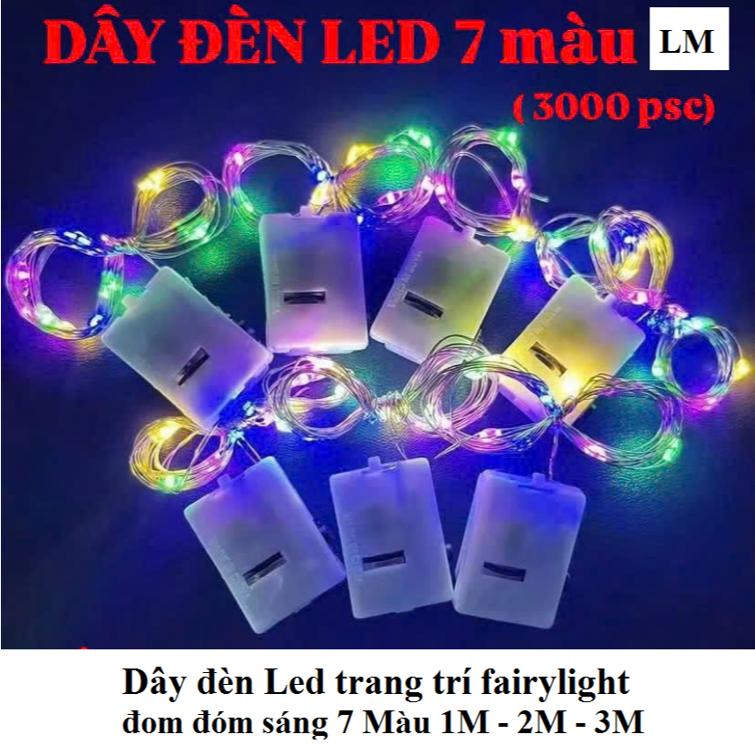 Dây đèn Led trang trí fairylight đom đóm 1M/ 2M/ 3M sáng Vàng và 7 Màu và Pin AG13 LR44 (10 Viên.LKP
