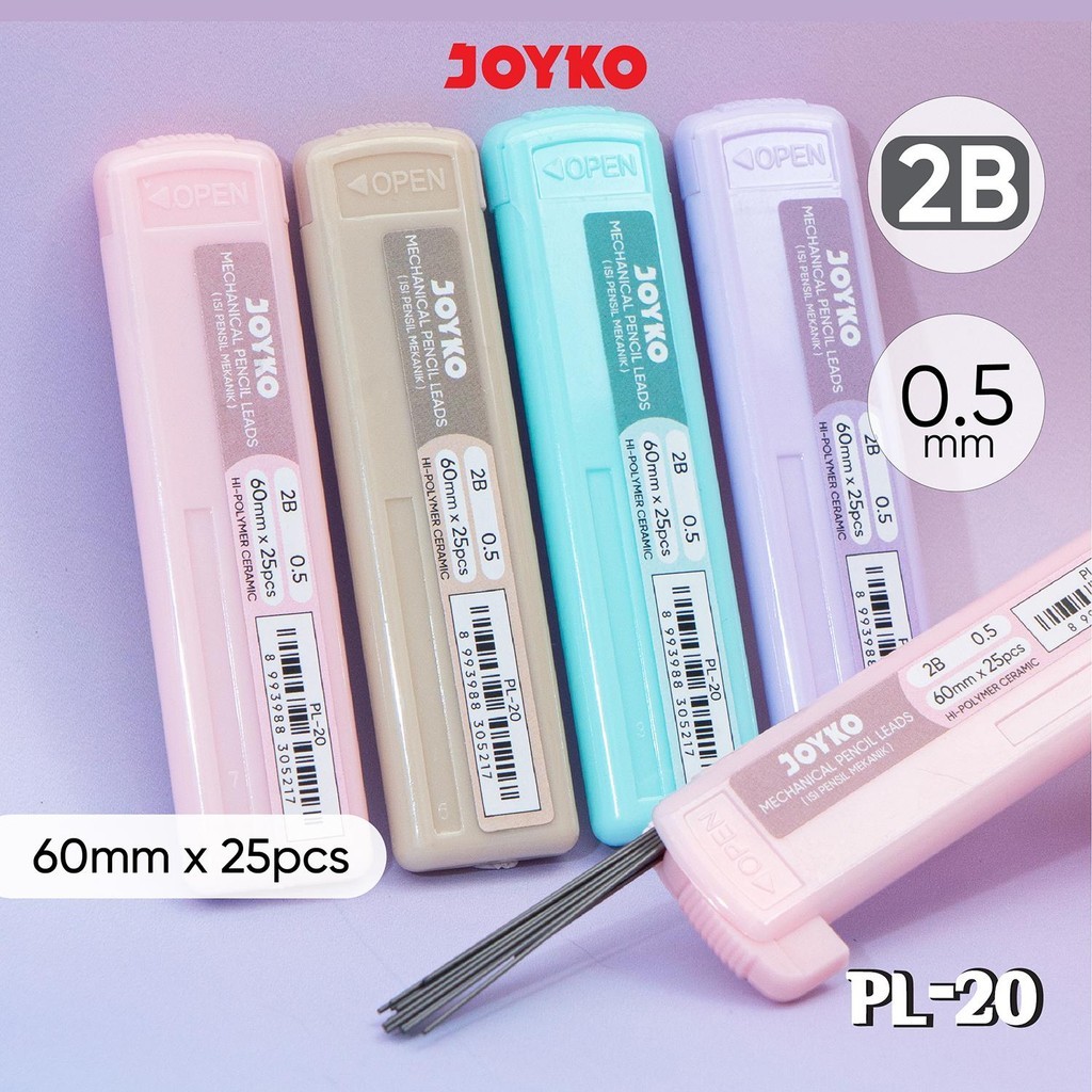 (1 tube=25 biji isi) JOYKO Pencil Lead Isi Pensil Mekanik PL-20 2B 0.5 mm Hi-Polymer Ceramic