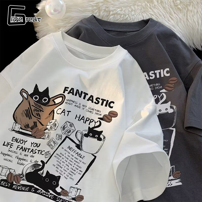 Men's and Women's Short-Sleeved Fashion Brand American Cute Cat Print Loose T-shirt