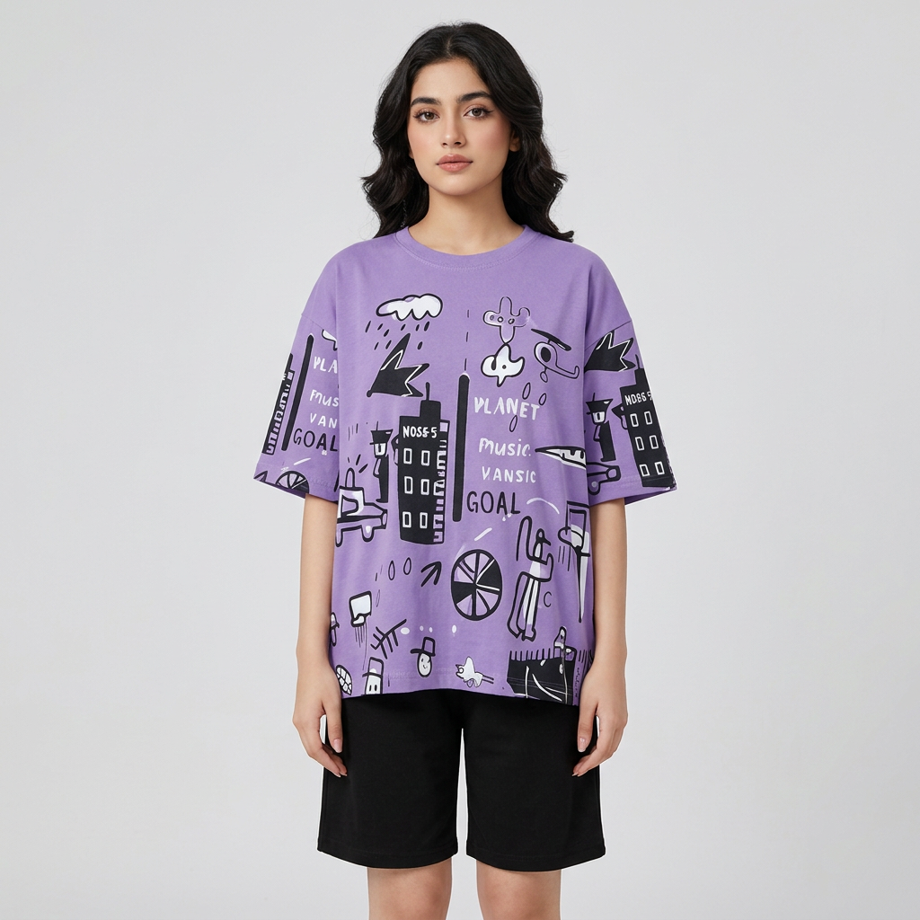 Purple Relax Fit Oversized T-Shirt and Trouser Set for Women & Girls – Summer Cotton Nightwear – Printed Lounge Wear for Home, Sleep & Casual Use – Soft Breathable Fabric – Round Neck Tee with Matching Trousers – Ideal for Girls, Teens, Ladies (S to XL)