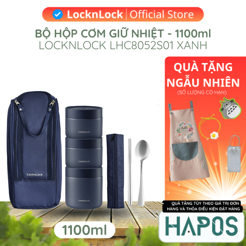 Bộ 3 hộp cơm giữ nhiệt LocknLock LHC8052S01 1.1L (1 hộp 500ml, 2 hộp 300ml) kèm túi và muỗng đũa giữ nhiệt lâu - HAPOS OFFICIAL