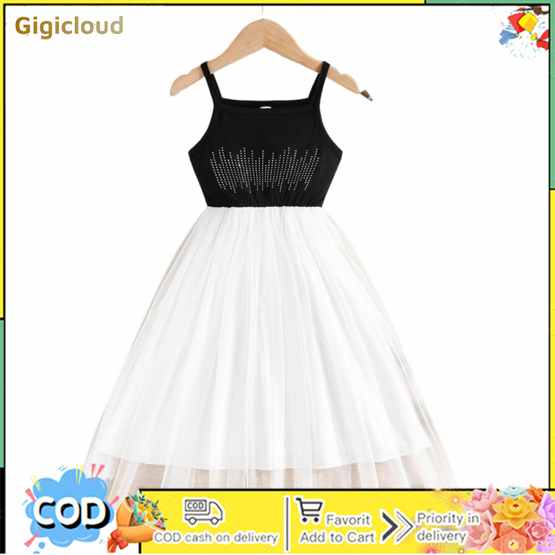 Girl's Square Neck Tulle Dress Sleeveless Contrasting Colors Diamond Tank Dress Soft Comfortable Wear ราคา 212 บาท*ส่งฟรี