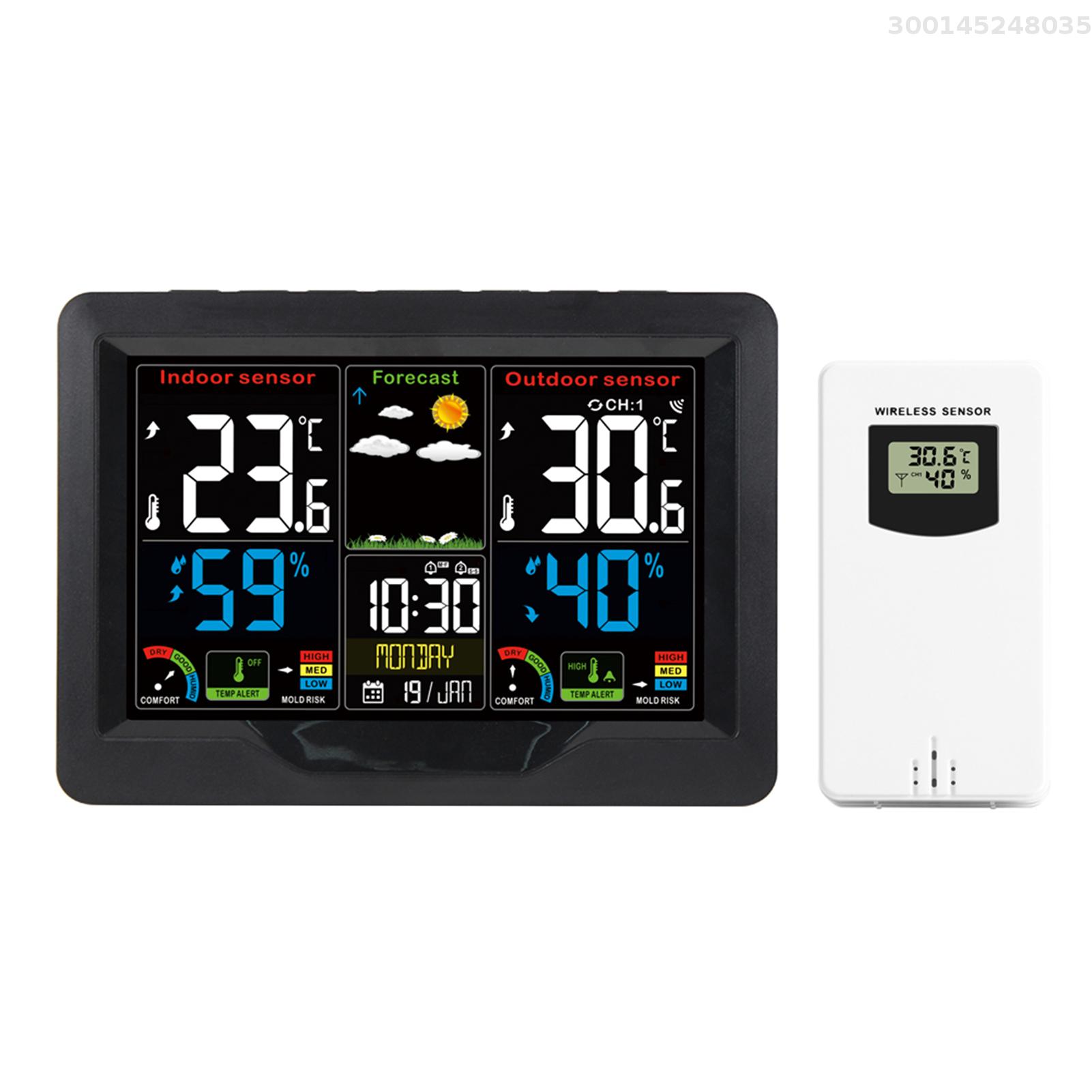 Weather Forecast Station Clock RF Indoor Outdoor Color Screen Clock with RF Digital Temperature and Humidity Detection Electronic Table Clock with Alarm Snooze Mold Risk