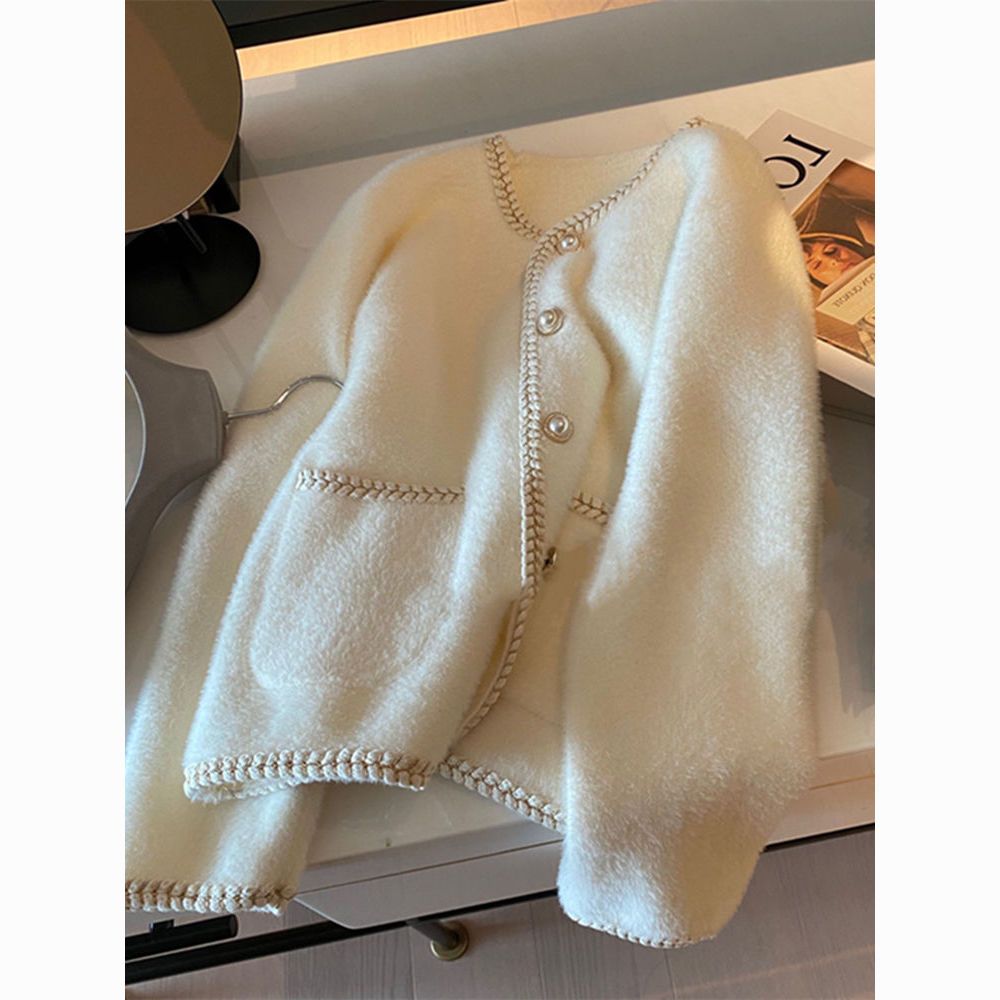 Áo Áo len cardigan nút ngọc trai thơm nhỏ phong cách Pháp mùa xuân và mùa thu lông chồn trắng áo khoác dệt kim áo len màu đậm