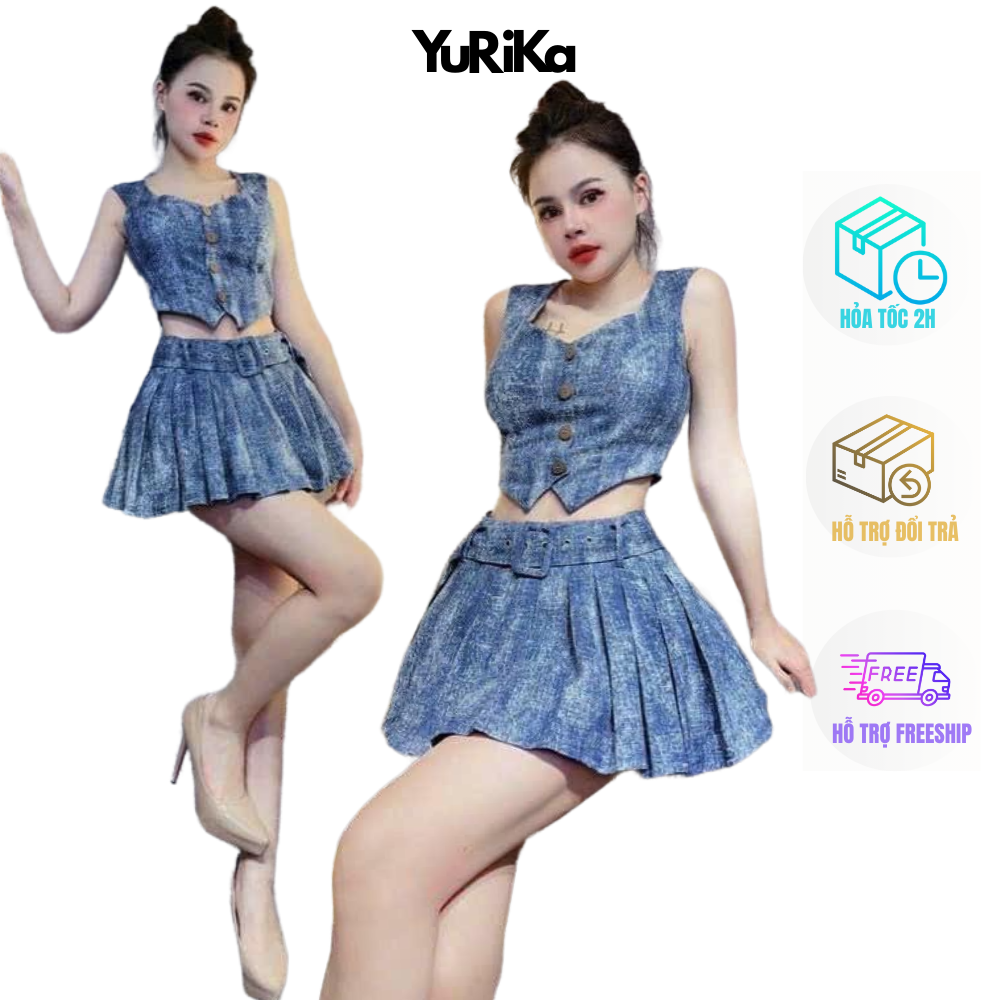 Set áo váy nữ yuri - set áo váy xếp ly kèm nịt chất jean - ảnh thật