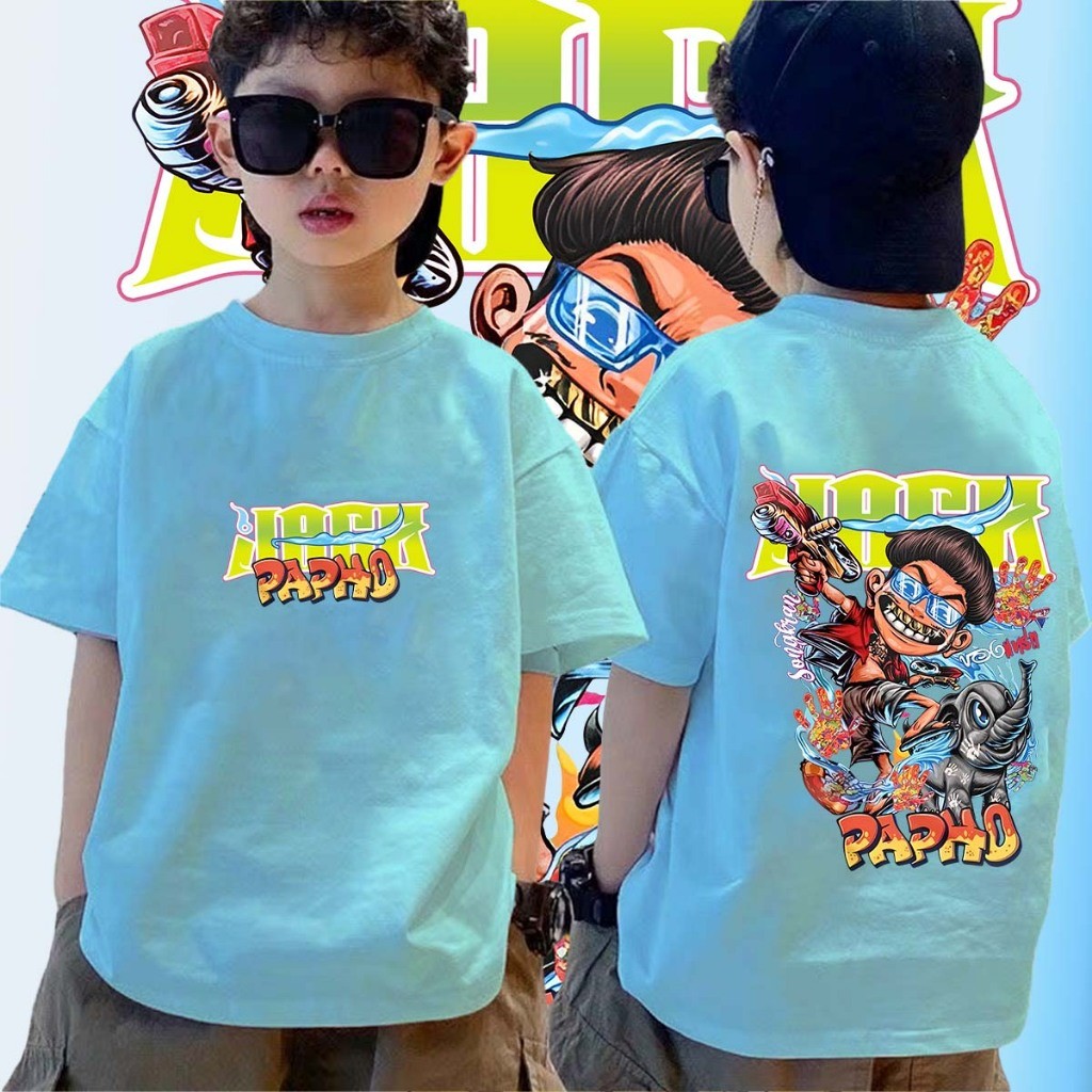 เสื้อยืดเด็กสงกรานต์ สีฟ้าอ่อน เสื้อเด็กแจ็คแปปโฮ Jack Papho &Songkran Festival T-shirt ลายช้างและปืนฉีดน้ำ เหมาะสม ราคา  129 บาท*ส่งฟรี