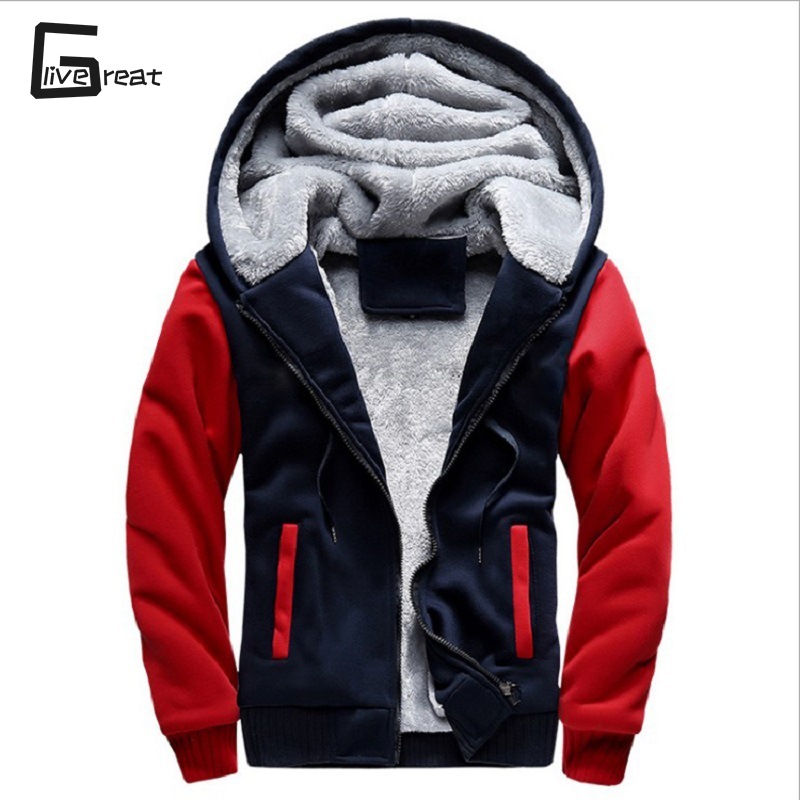 LIVE GREAT Áo len cỡ lỡn lông cừu nam màu trơn mới Áo len nam có mũ áo khoác Jacket ấm quần áo nam