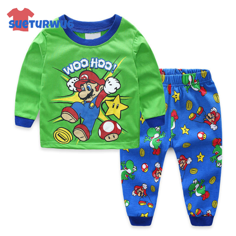 Sueturwu6 Trong Kho 2Pcs Chàng Trai Bông Nhà Mặc Phù Hợp Với áo dài tay cổ tròn in hình phim hoạt hình Áo Sơ Mi Quần Bộ