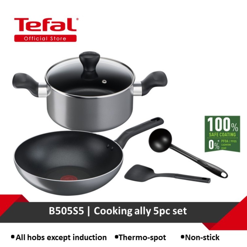 Tefal Cooking Ally 5pc set stewpot 20cm+wokpan 28cm + ladle + spatula B505S5 Singapore