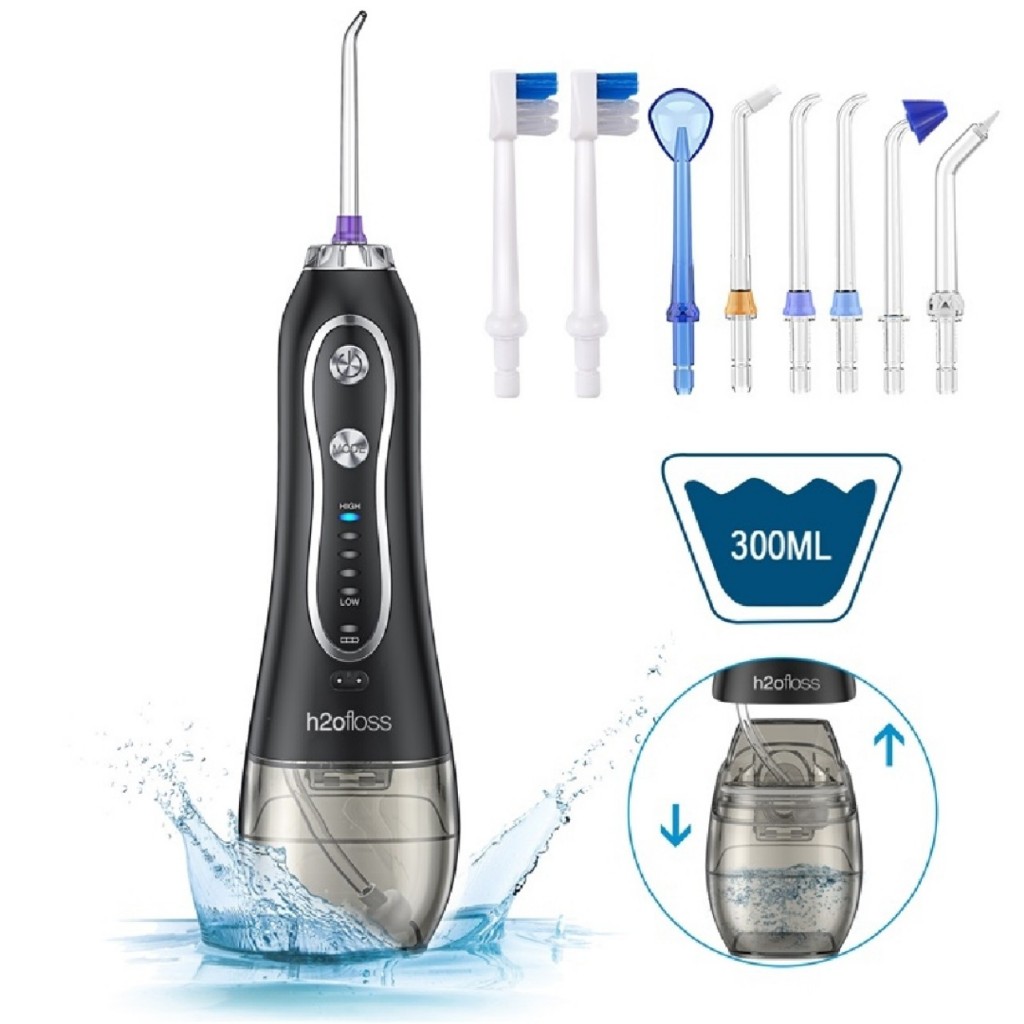 Máy Tăm Nước Cầm Tay với 6 Đầu Vòi 2 Bàn Chải 1 Túi Vải 5 Chế độ Pin dùng tới 15-30 ngày Bình Nước 300ml có thể tháo rời