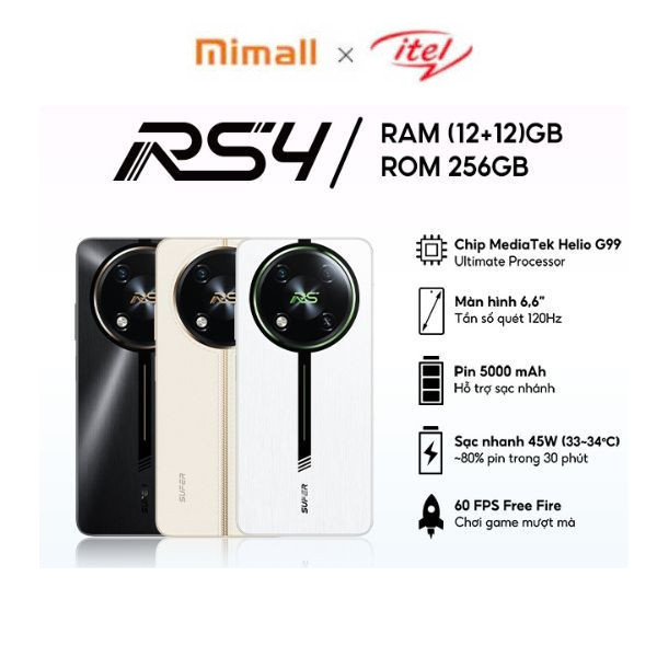 Điện Thoại Itel RS4 12/256GB | NFC | 5000 mAH | 120Hz | Sạc Nhánh & Nhanh 45W - Bảo hành 12 tháng -