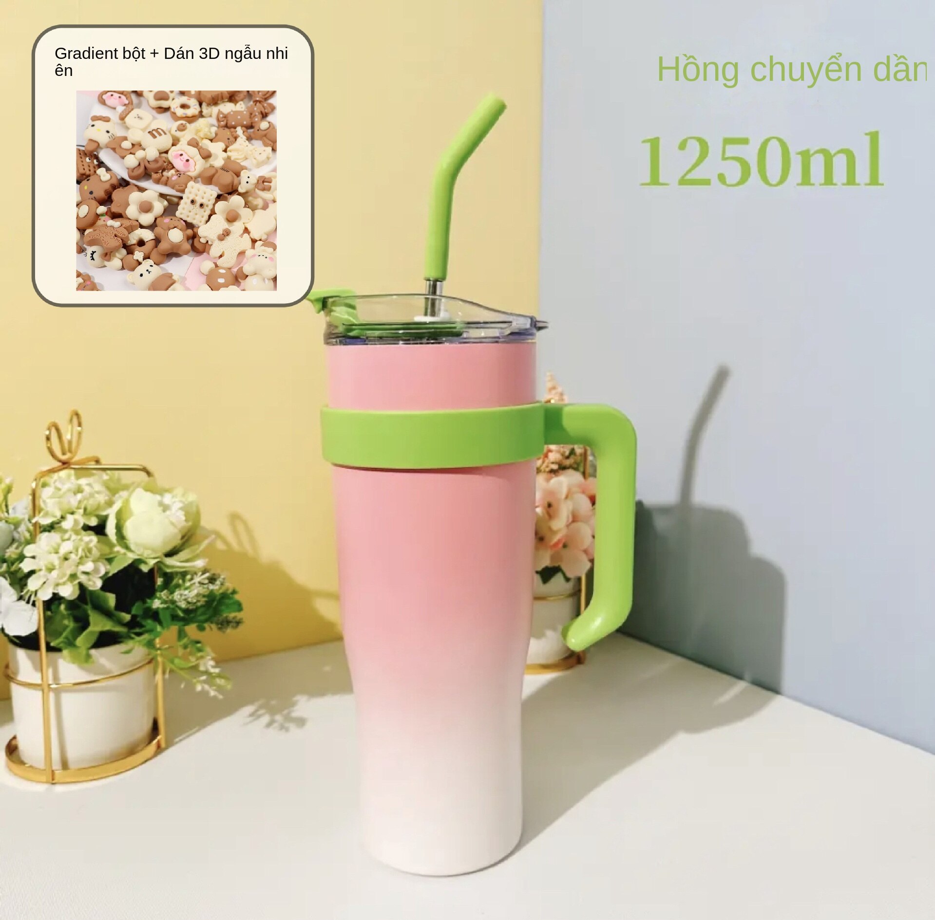 Bình giữ nhiệt 40oz 1250ml Cốc đá Big Mac Cốc nước xe công suất lớn với ống hút Tay cầm cầm tay
