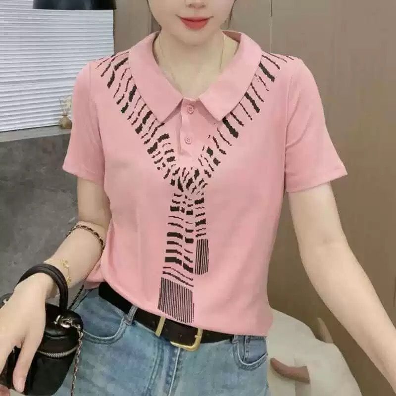 Women's T-Shirt Short Sleeve Summer Stylish Polo Collar New Arrival Fashion Scarf Print Elegant Versatile Slimming Top