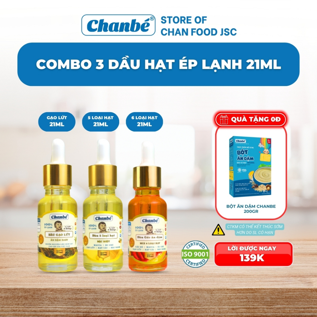 [Tặng 01 hộp Bột Dinh Dưỡng] Set dầu ăn dặm cho bé Chan Bé 3 chai bổ sung DHA, Omega 3 6 9, Vitamin A, E
