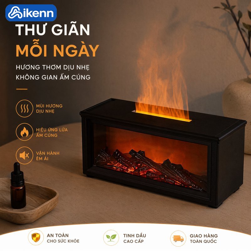 Aikenn Máy khuếch tán tinh dầu hiệu ứng ngọn lửa 3D tạo ẩm phun sương mịn đèn ngủ led 7 màu điều khiển từ xa dùng phòng ngủ phòng khách