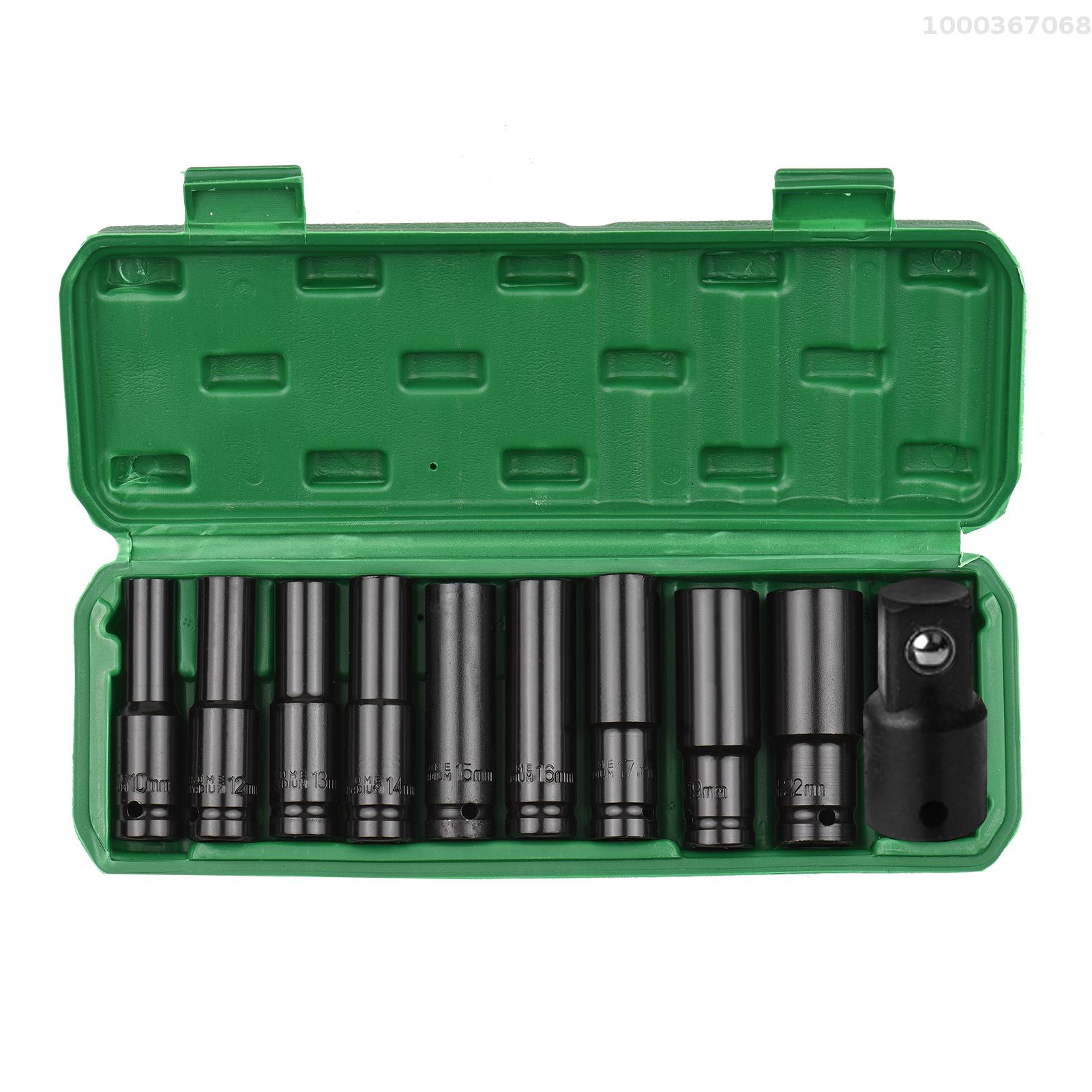 1/2 Inch Drive Hex Impact Socket Set 10-Piece Deep Socket Metric Sizes 10-22mm and 3/8 Inch Adapter CR-V Material with Hard Storage Box