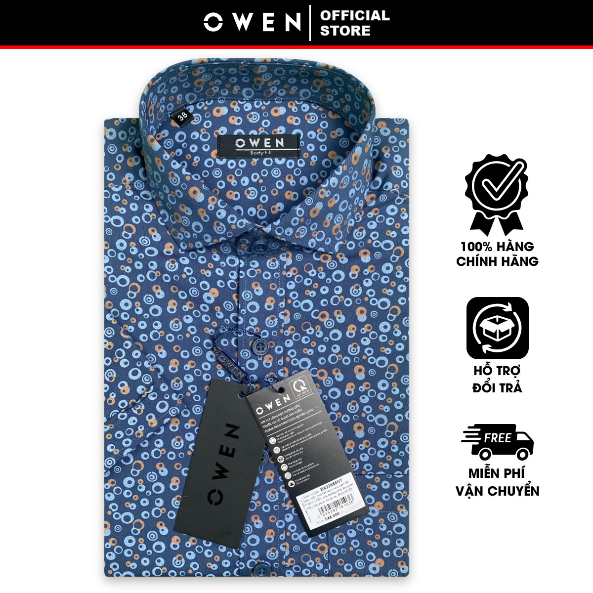 OWEN SALE - Áo Sơ Mi Owen Tay Ngắn Màu Xanh Navy Cam Đất  Họa Tiết Hoa Văn Form Body Fit Lai Ngang C