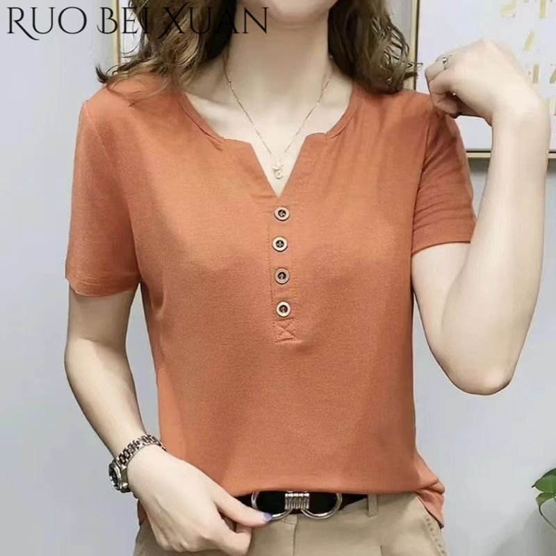 Ruo Bei Xuan XinJi Short-sleeved t-shirt, mother's wear V-neck 2024 summer Korean style plus size women's solid color top casual temperament bottoming shirt women - ยี่ห้อ Ruo Bei Xuan ราคา 132 บาท*ส่งฟรี